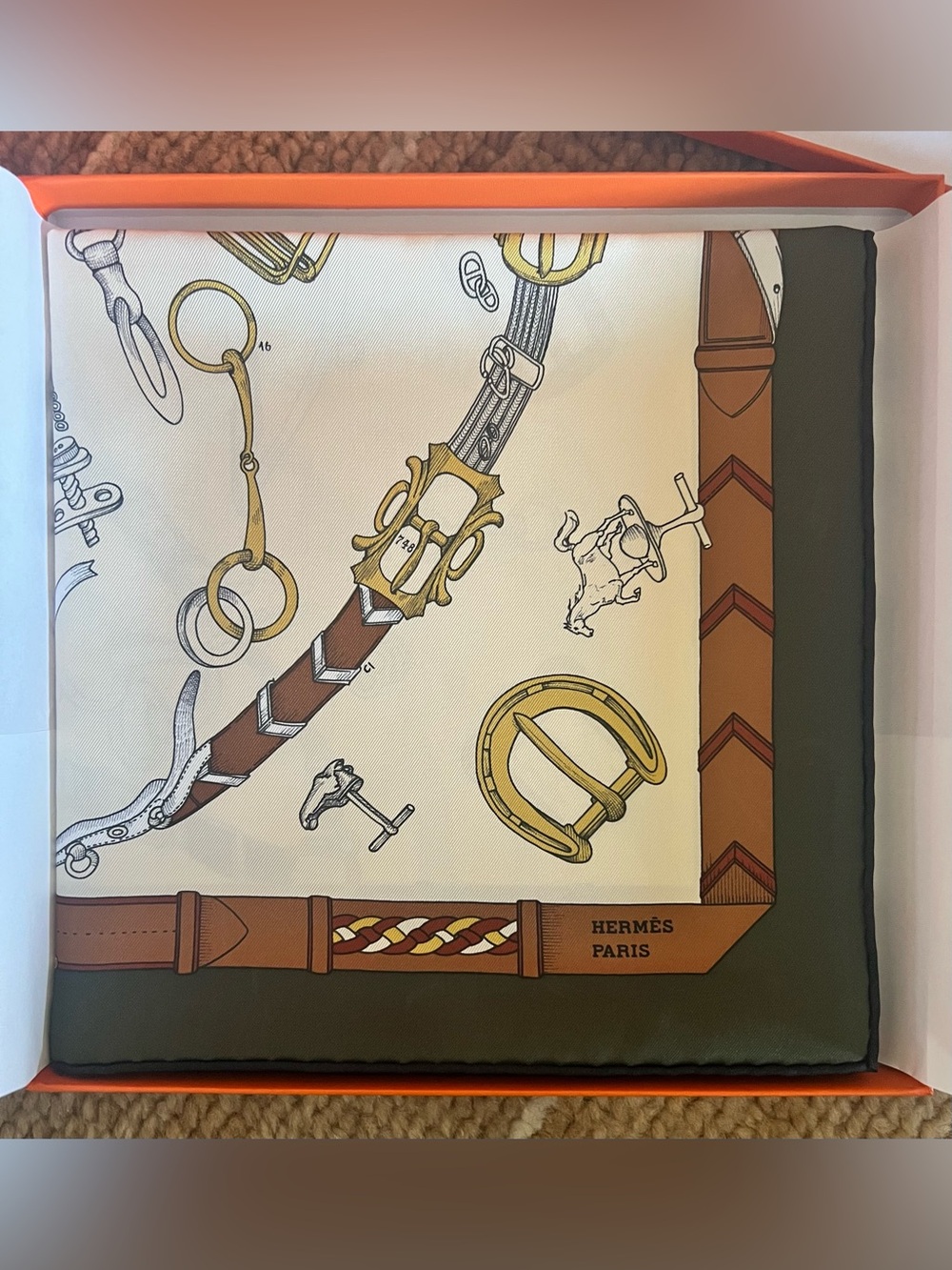 Hermes Silk Scarf in Ivory, Brown & Gold Equestrian Print - Picture 2 of 5